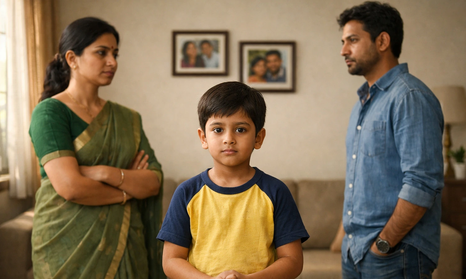Indian Child Between Separated Parents At Home Showing Emotional Impact Of Divorce Custody Case