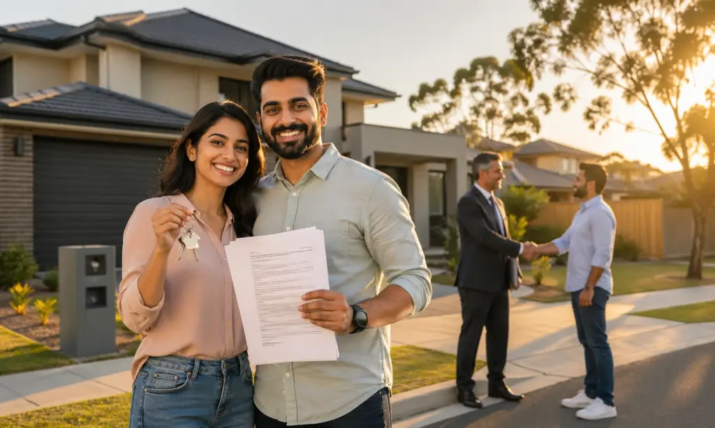 An Indian Couple Celebrating The Exchange Of Contracts Outside Their New Home In Australia, Holding Keys And Papers