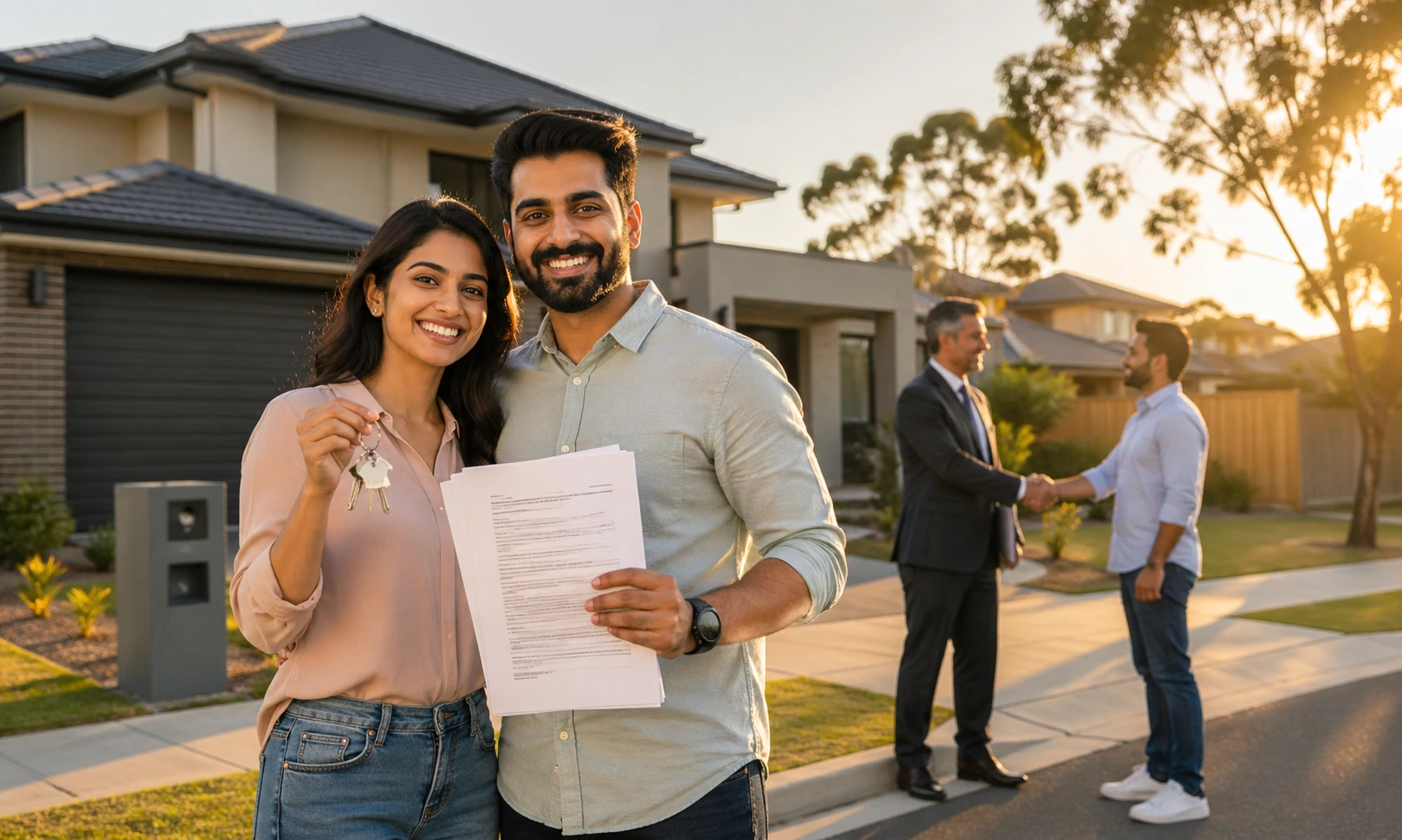 Exchange Of Contracts Explained For First-Time Buyers 1 An Indian Couple Celebrating The Exchange Of Contracts Outside Their New Home In Australia, Holding Keys And Papers