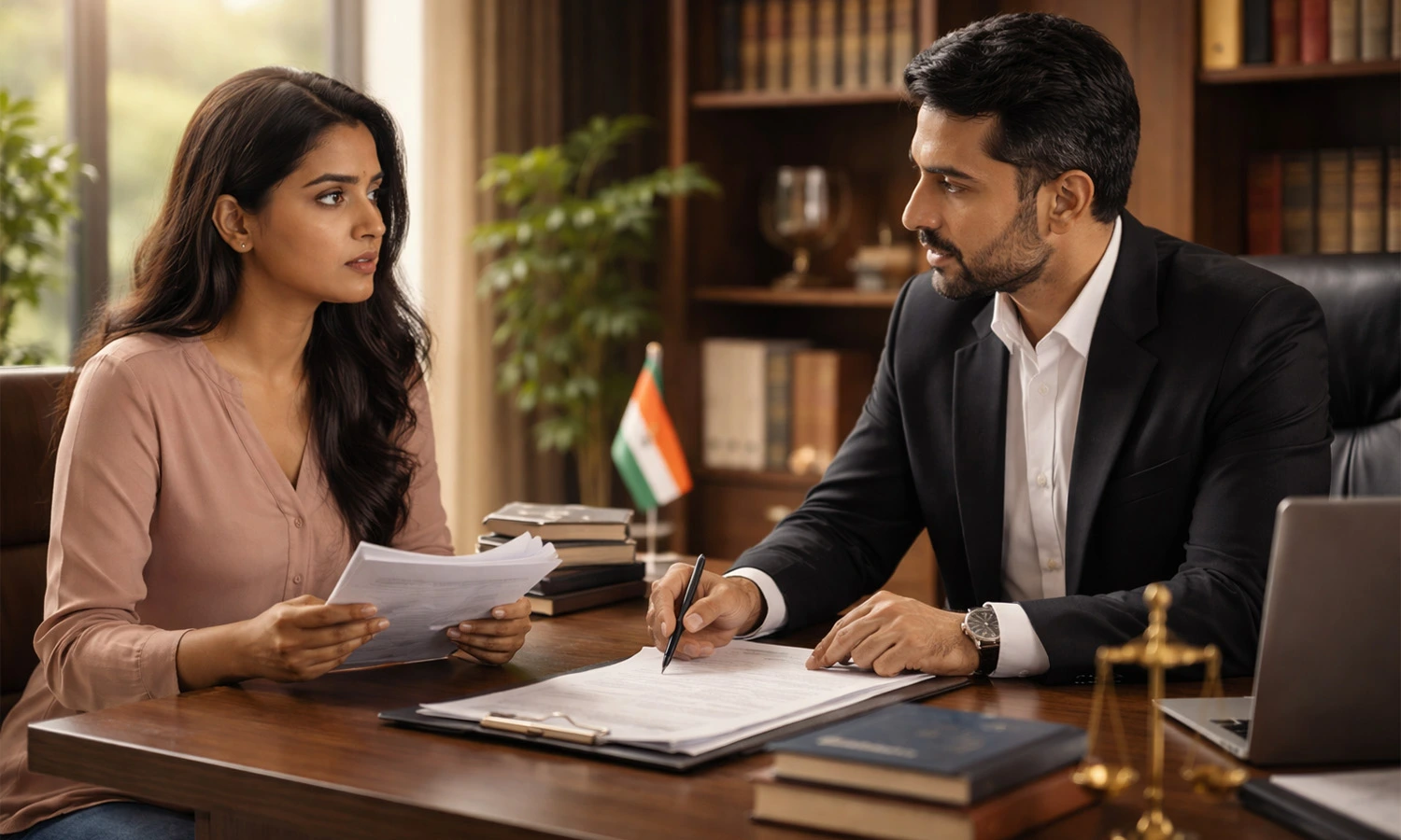 Indian Woman Consulting A Good Lawyer For Divorce In A Modern Office, Discussing Legal Documents And Case Details