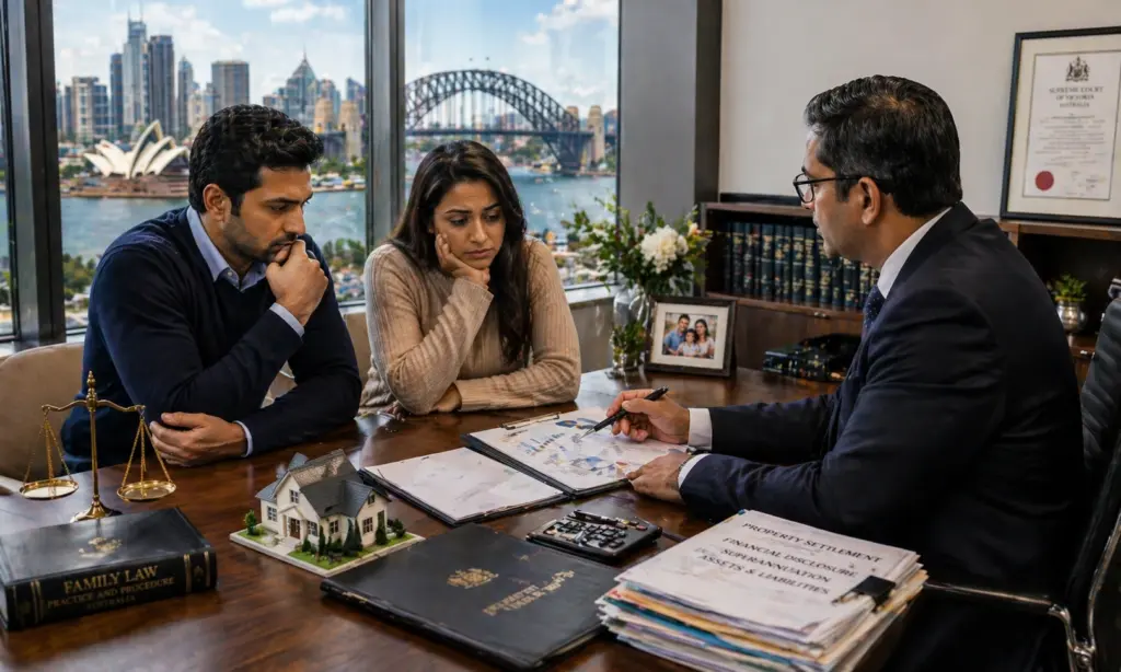 Indian Couple In Australia Discussing How Assets Are Split In Divorce With Lawyer In Sydney Office