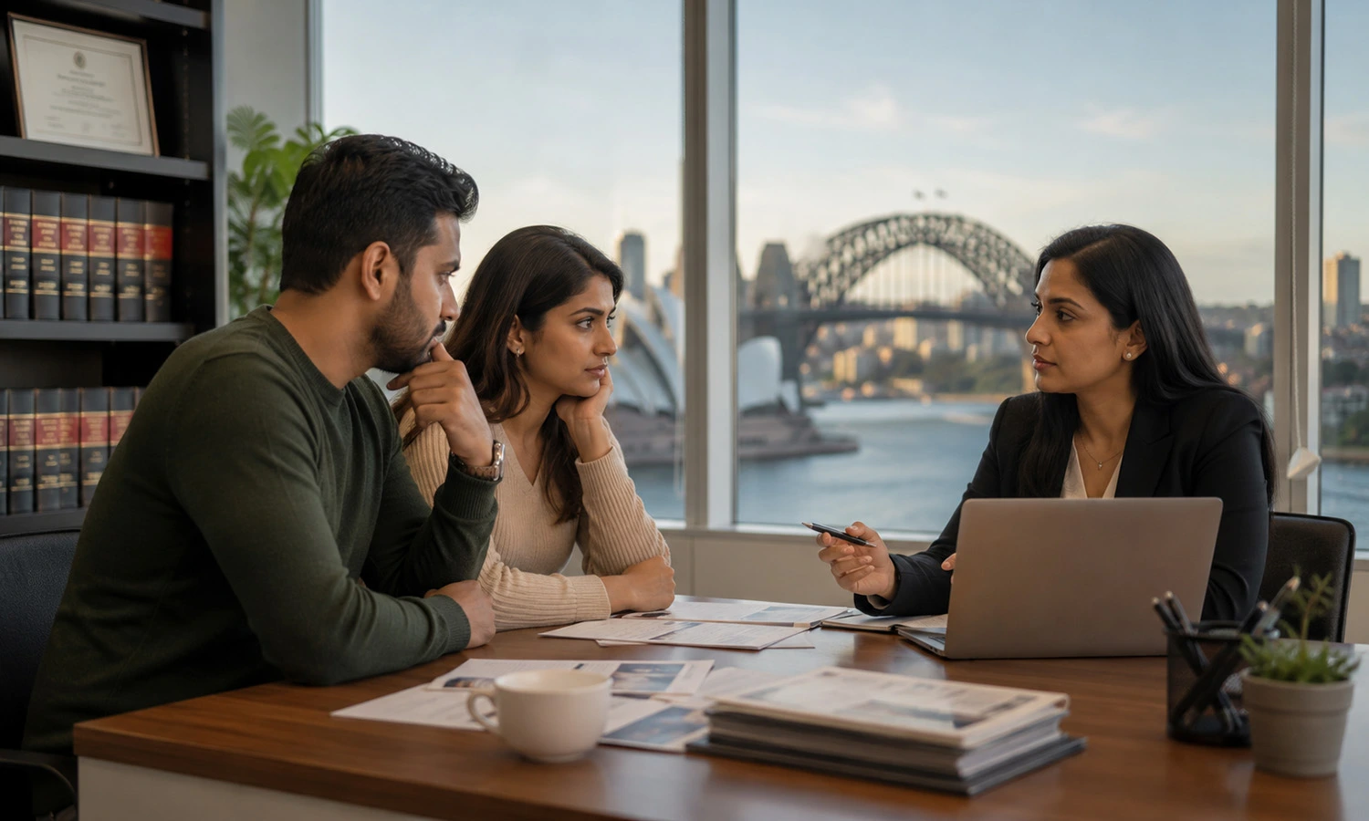 Indian Couple Discussing Legal Issues With A Cheap Family Lawyer In Australia