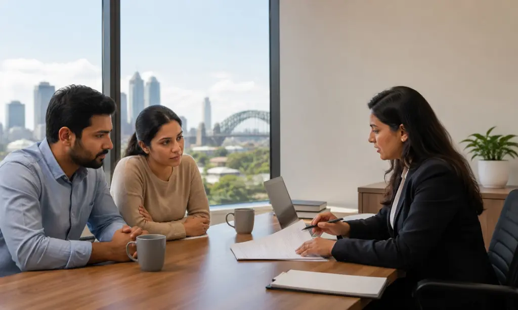 Indian Couple Attending A Family Lawyer Consultation In Australia For Legal Advice And Support