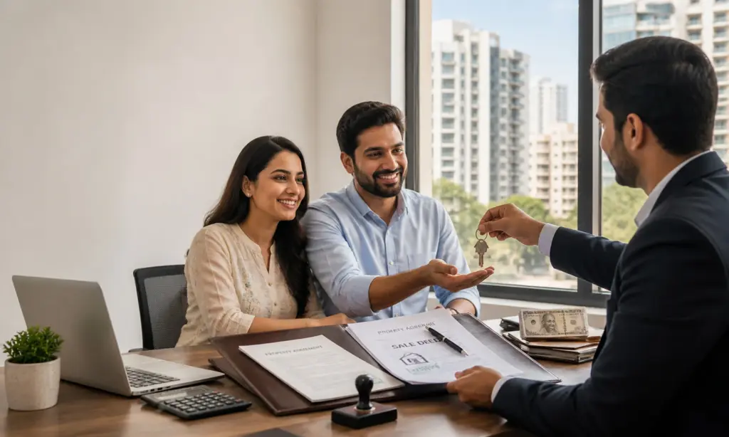 Indian Couple Receiving House Keys In A Modern Office And Understanding What Is Settlement Of Property