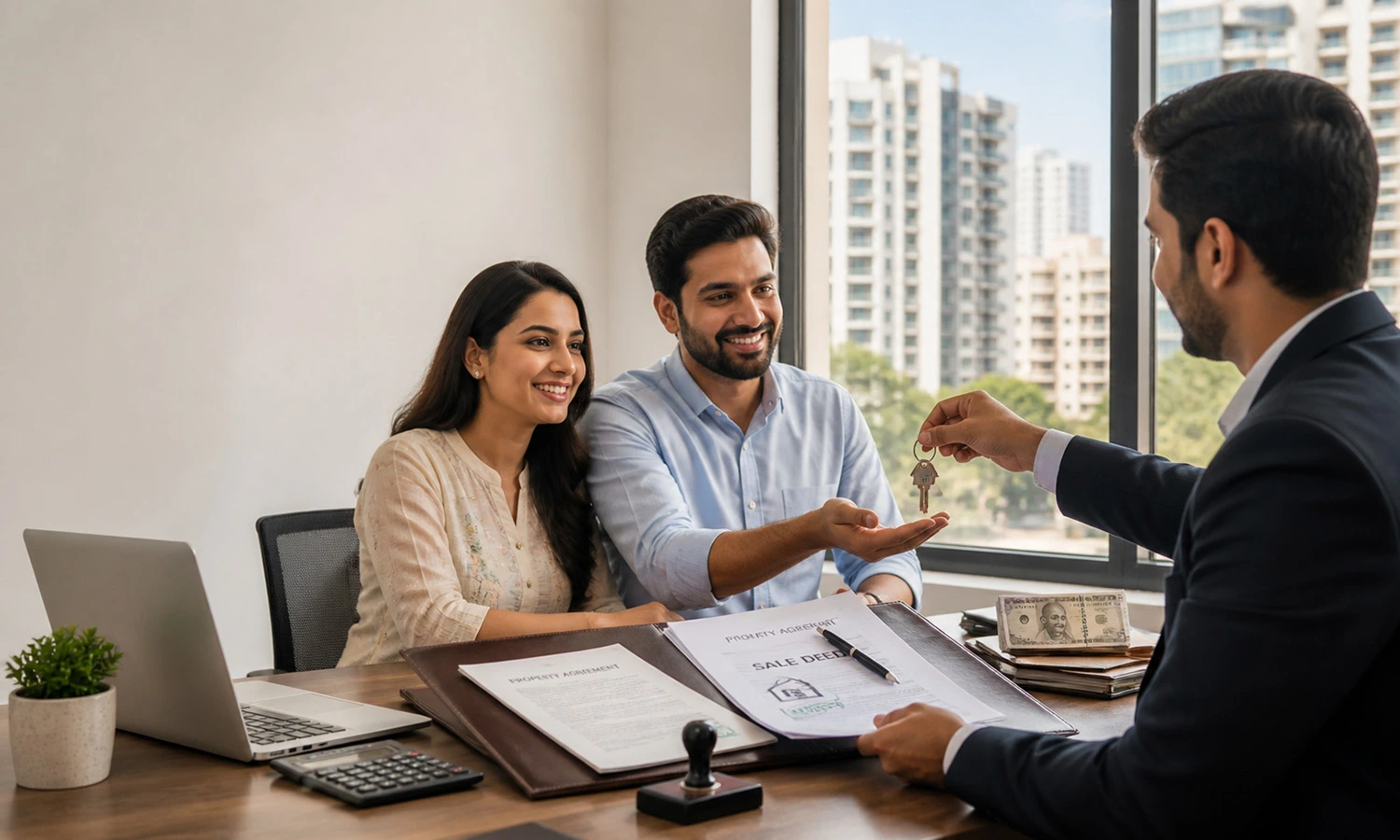 Indian Couple Receiving House Keys In A Modern Office And Understanding What Is Settlement Of Property