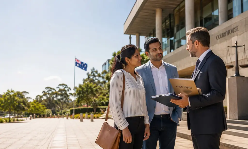 Indian Couple Discussing Civil Law Wrongs Act 2002 Outside Australian Courthouse With Lawyer Daytime