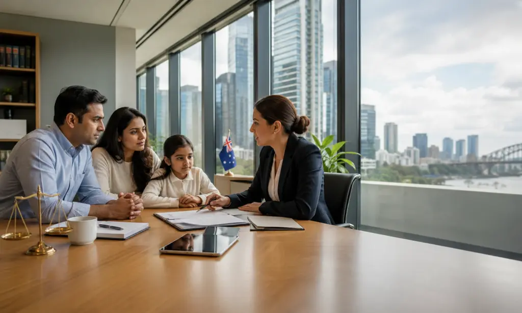 Family Attending A Family Law Free Consultation With An Australian Lawyer In A Modern Office.
