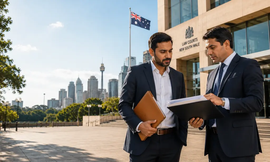 Lawyer Discussing Bail Variation Application Nsw With Indian Client Outside Nsw Courthouse In Sydney