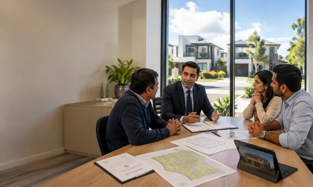 Indian Families Resolving Property Disputes Through Property Dispute Mediation In An Australian Office.