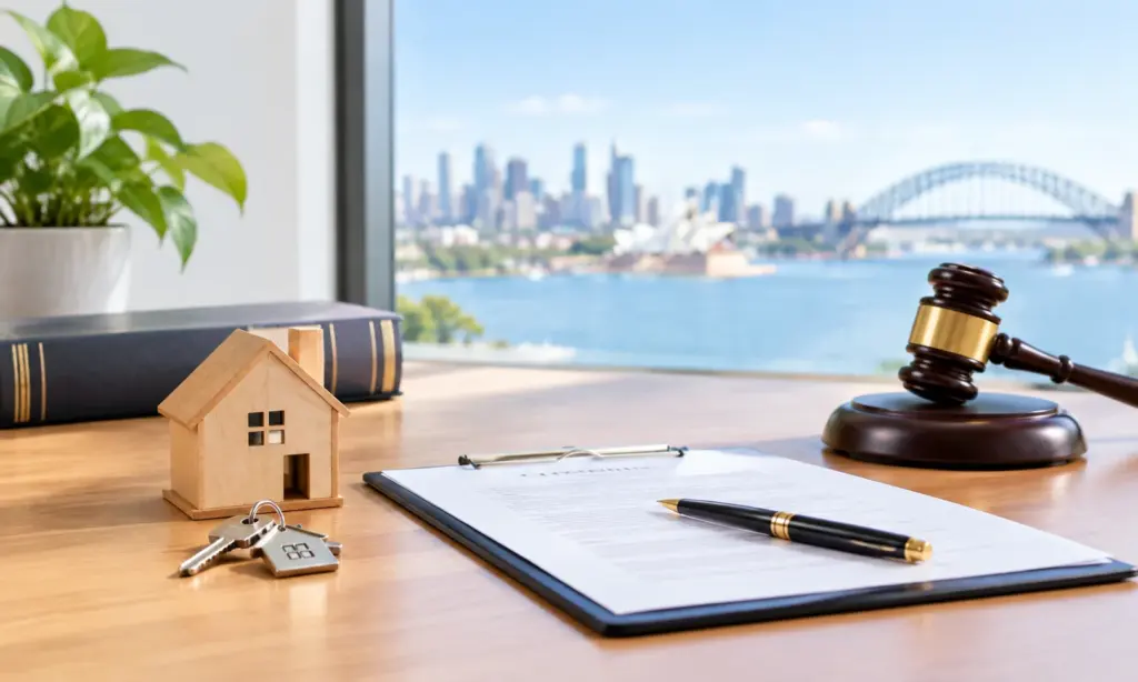 Australian Property Law Desk With House Model, Keys, Contract, Gavel And Sydney Skyline.