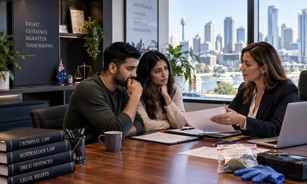 Indian-Australian Couple Consulting A Lawyer About Drug Possession Charges Under Australian Law.